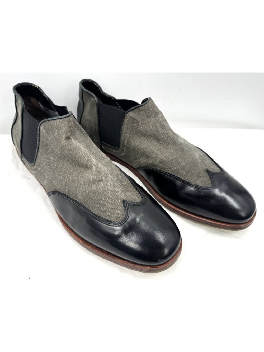 Barracuda Italy Luxurious Green Canvas Black Leather Chelsea Boots Shoes Sz 43.5